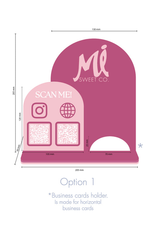 Business display "half moon" 2 qr-codes with business cards holder