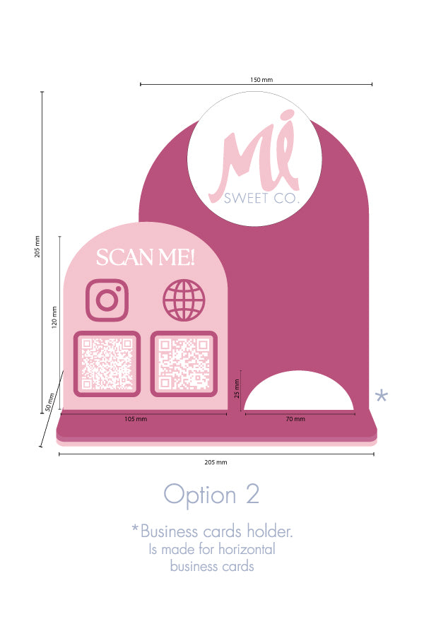 Business display "half moon" 2 qr-codes with business cards holder