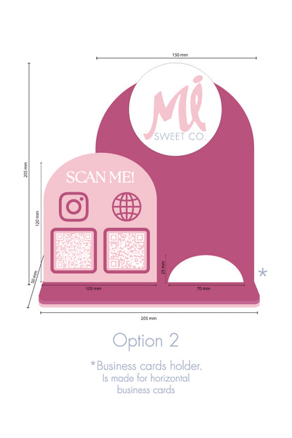 Business display "half moon" 2 qr-codes with business cards holder